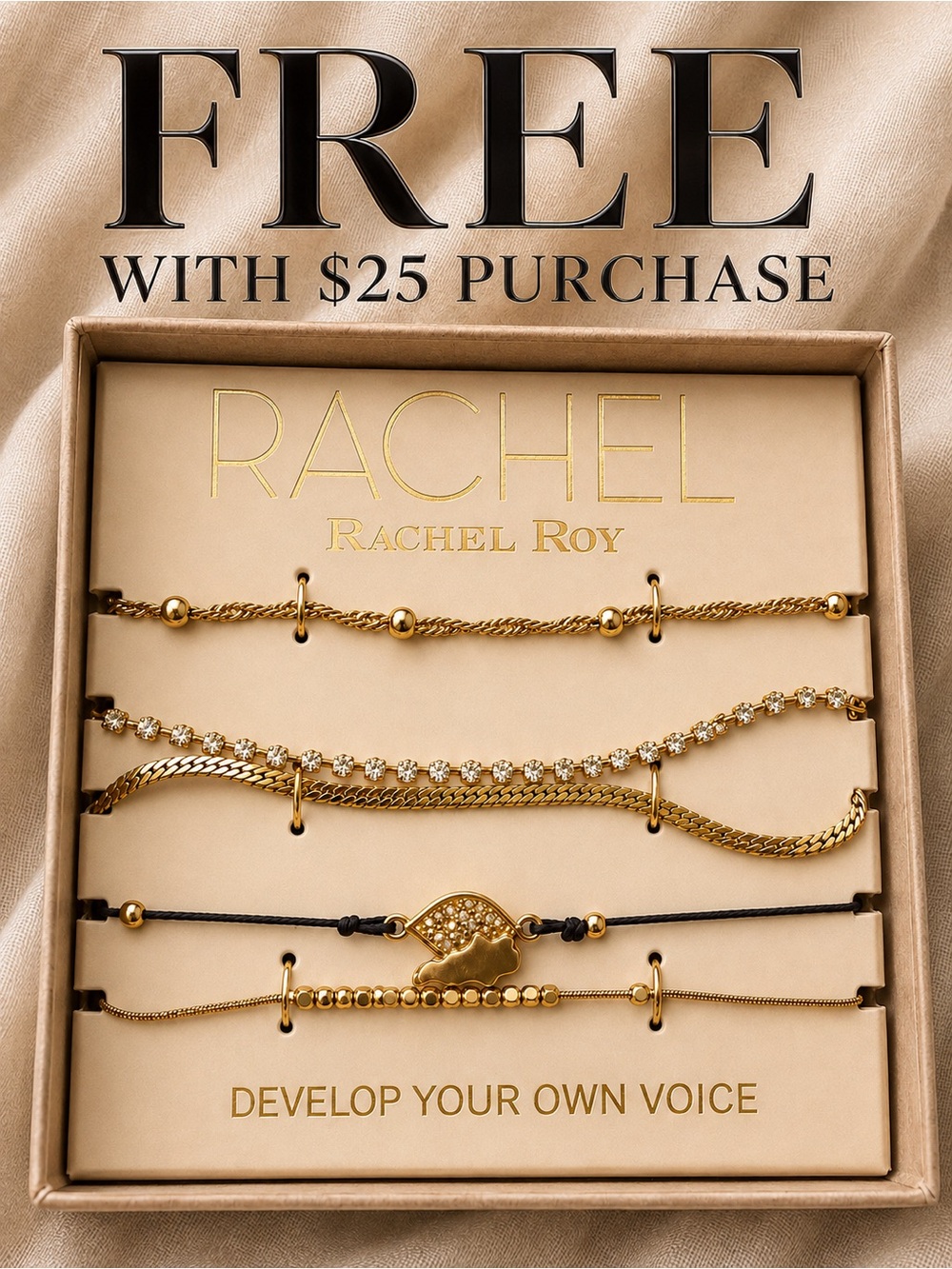 Rachel Roy 5 Gold Bracelet Gift Set Rhinestone Chain Stack Boxed FREE w $25